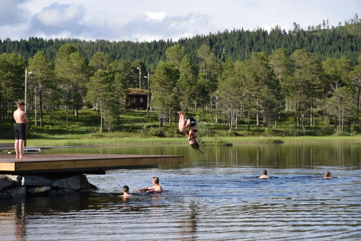 Noen tar salto fra brygge, foto