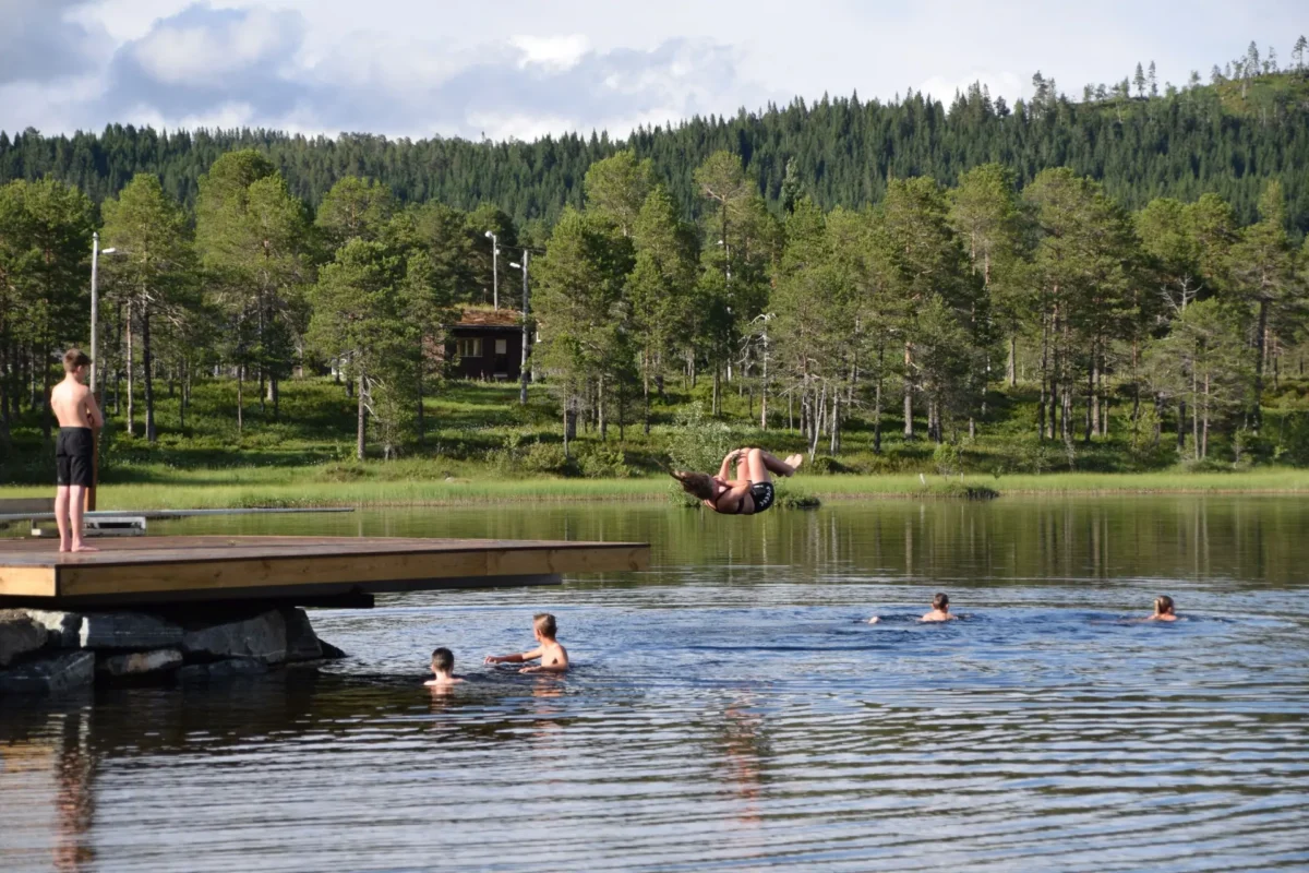 Noen tar salto fra brygge, foto