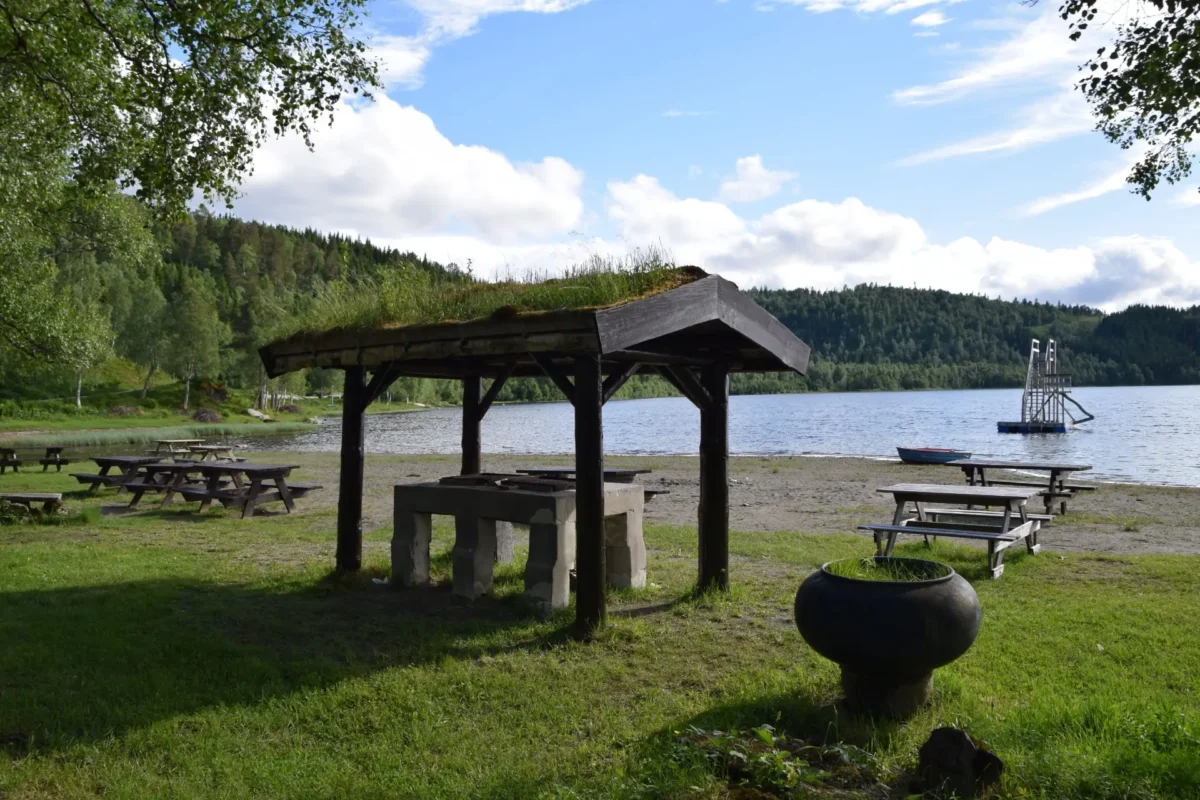 Strand med bord, grillsted og stupetårn i vannet, foto