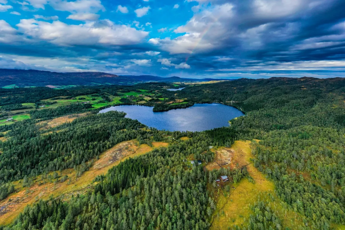 Fjellandskap med vann, sommerlig, dronefoto