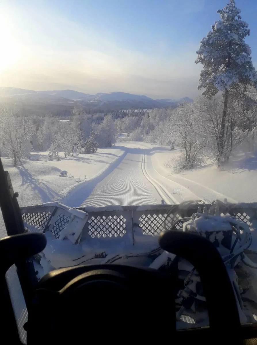 Skiløype med trær og fjell i bakgrunnen, foto