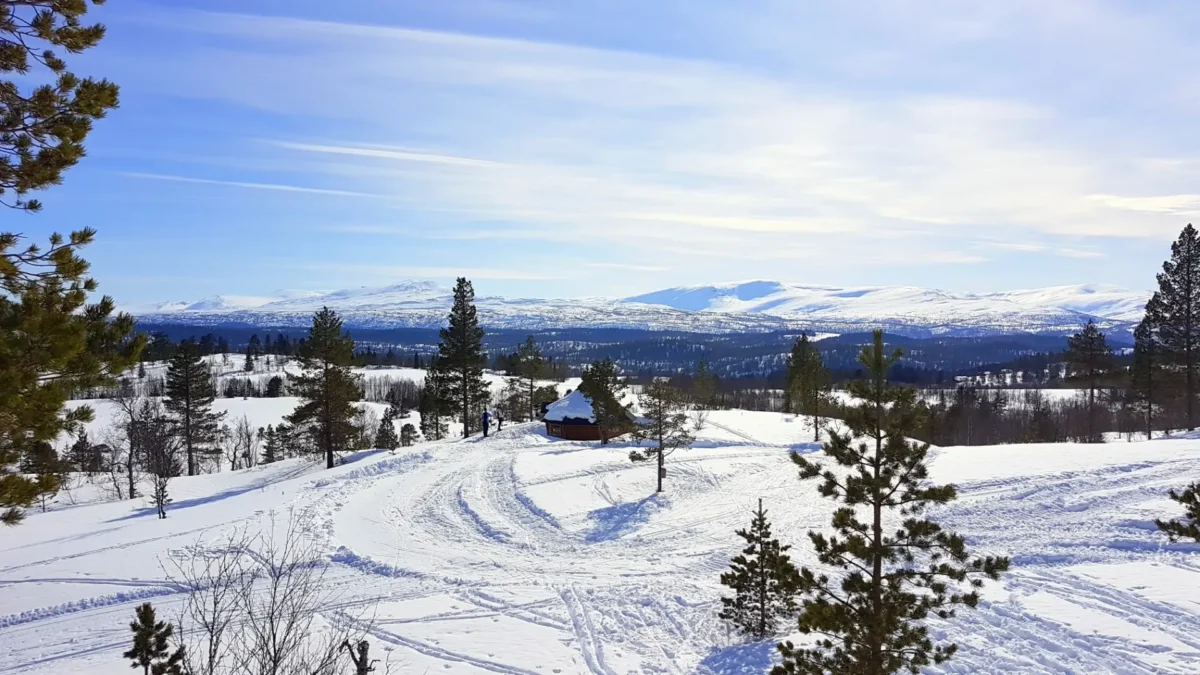 Utsikt mot skihytte, vinterlandskap, foto